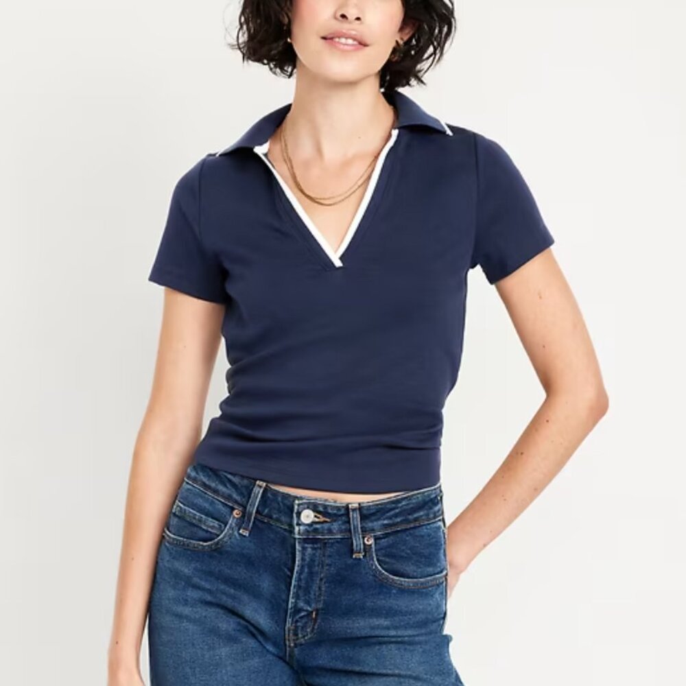 Old Navy Short Sleeve Spread V-Neck Polo Navy Blue Size Medium NWT New with Tags